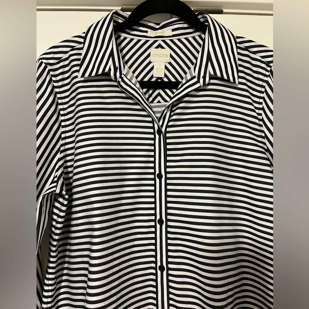 Chico's Black and White Striped No Iron Blouse - Picture 2 of 9